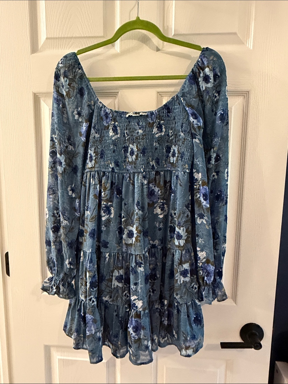 Blue Floral Tiered Long-Sleeve Tunic Dress
